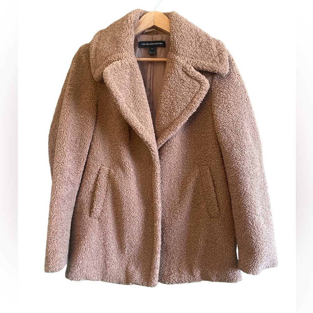French Connection Brown Sherpa Fuzzy Warm Cozy Pockets Teddy Coat Jacket Sz S